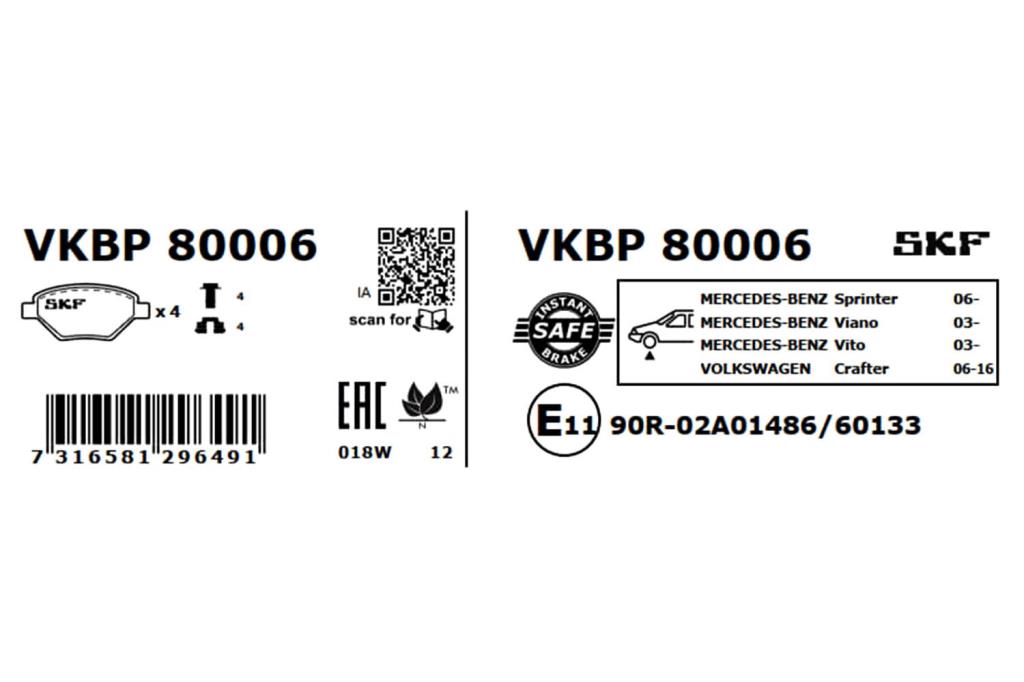 Jeu de 4 plaquettes de frein SKF ref. VKBP 80006